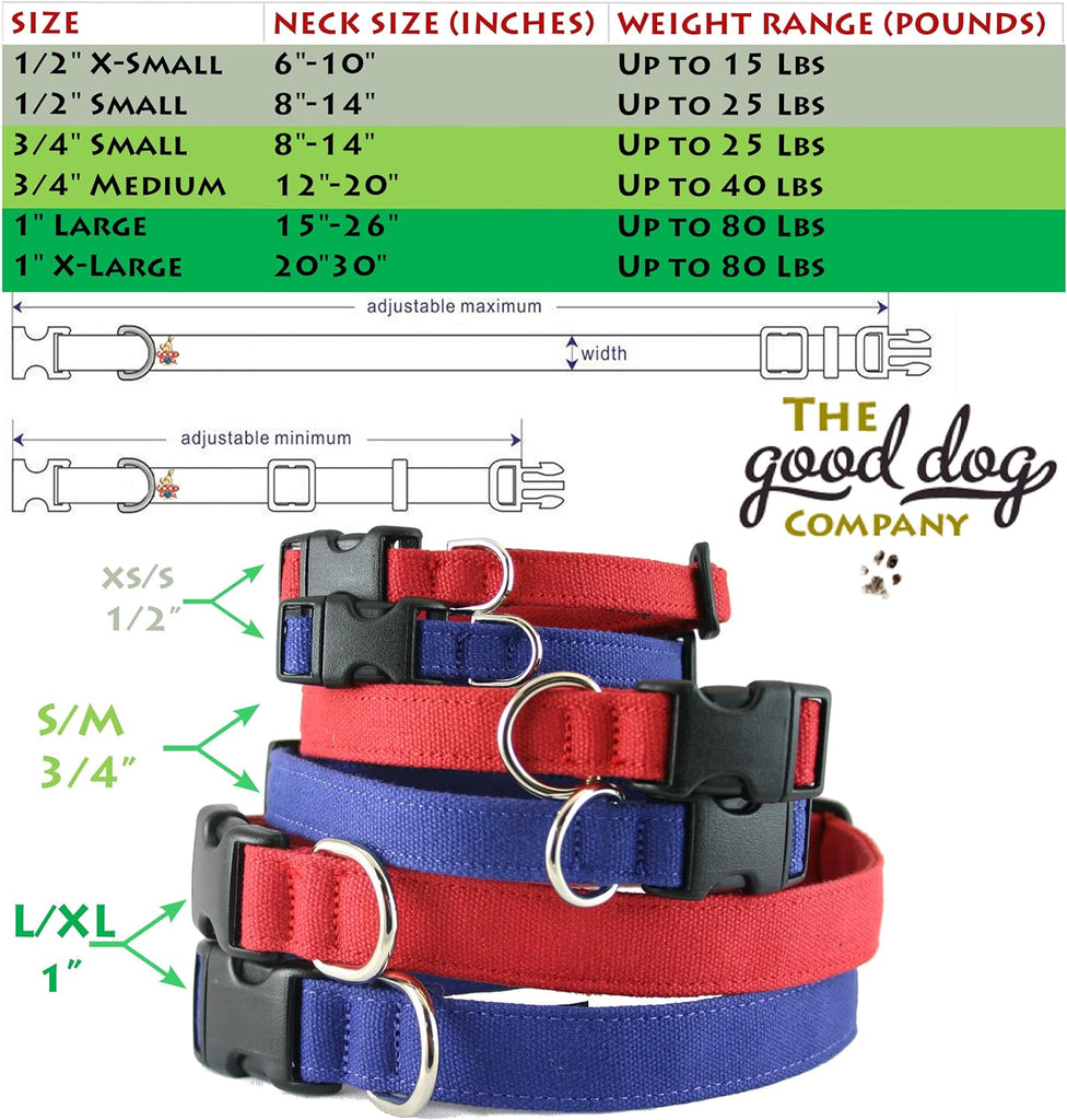 Hemp Dog Collars with sizing diagram